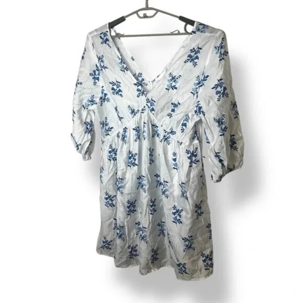 H&M White Blue Floral Semi Sheer Mini Dress Swimsuit Cover Size XL New